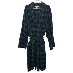 The Vermont Country Store Flannel Robe Mens XL Blackwatch Plaid Green Blue Long